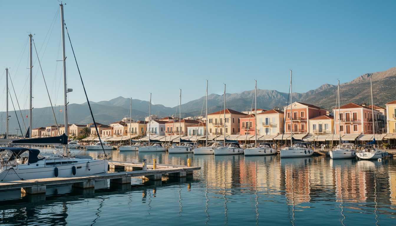 Argostolion Hafen mit modernen Yachten an Holzponton, bunte Uferhäuser, goldene Abendstimmung, Canon EOS R5 8K