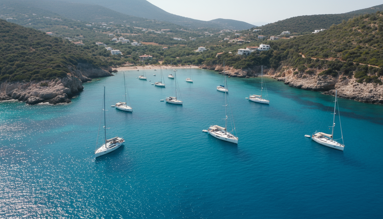 Luftaufnahme von Segelyachten vor argostolion: weiße Yachten in türkisblauem Wasser an felsiger, grüner Küste