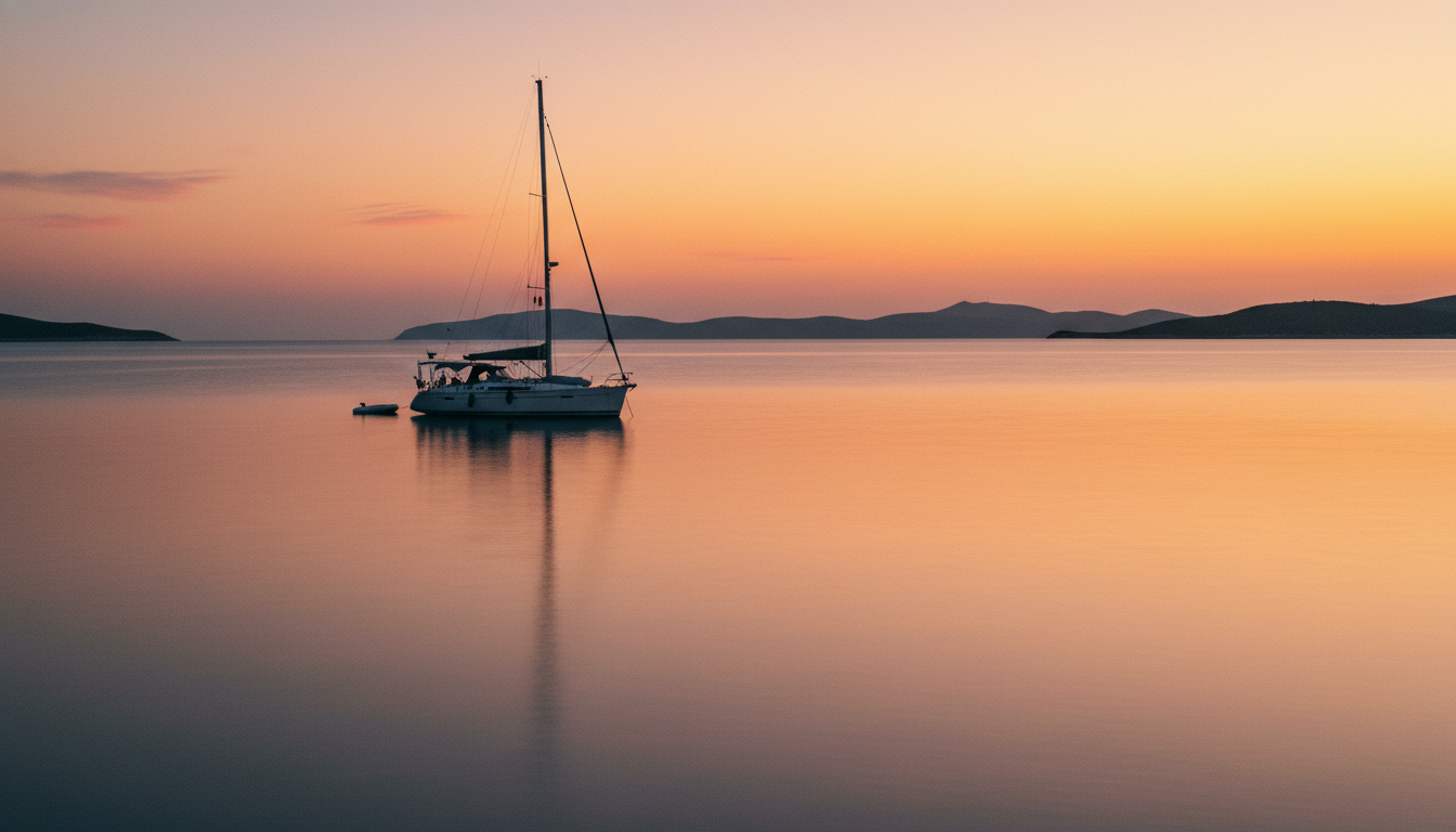 Weiße Segelyacht vor argostolion bei orange-pinkem Sonnenuntergang, glattes Wasser durch Langzeitbelichtung, Insel-Silhouetten.