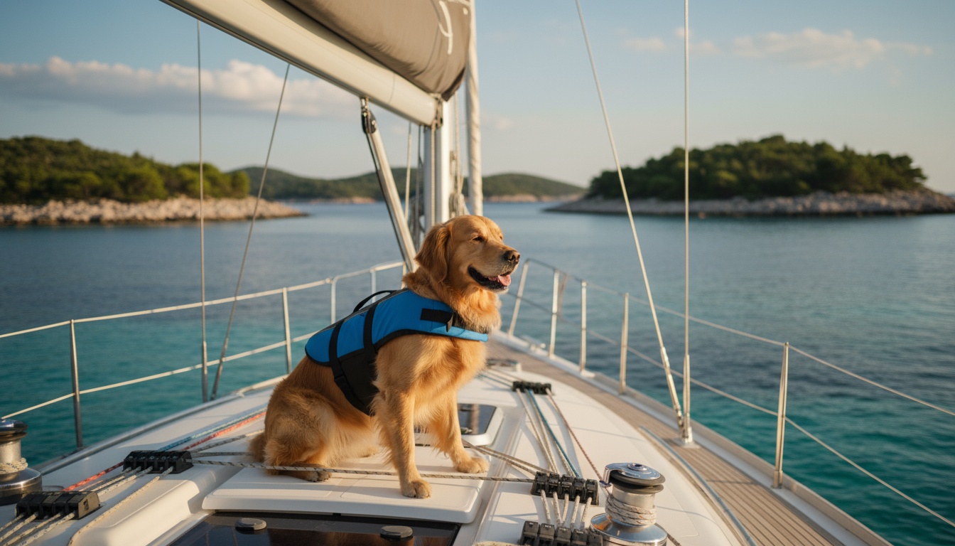 Professional yacht charter photo showing a happy dog sitting on the deck of a modern sailing yacht, Croatian coastline visible in background, clear blue Adriatic sea, sunny weather, shot with DSLR camera, high resolution, realistic lighting