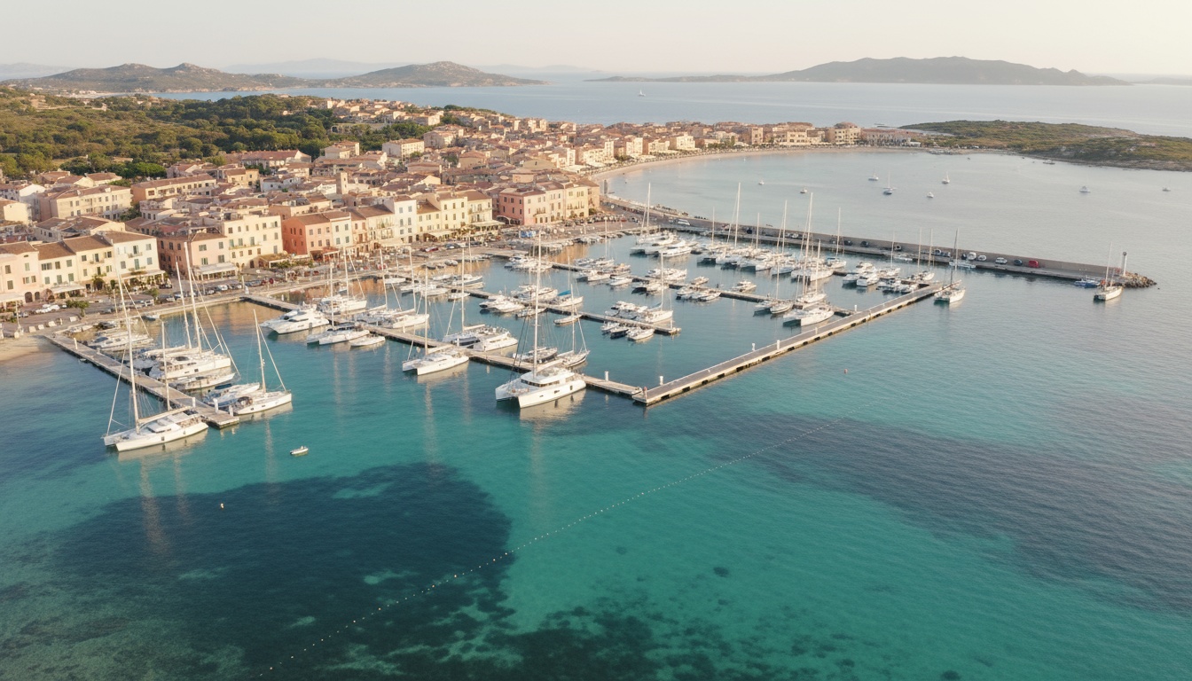 Professional yacht charter marina in La Maddalena Sardinia, aerial view showing white sailboats and catamarans moored at modern pontoons, crystal clear turquoise Mediterranean water, historic town buildings in background, bright summer sunlight, shot with drone camera, high resolution, realistic photography