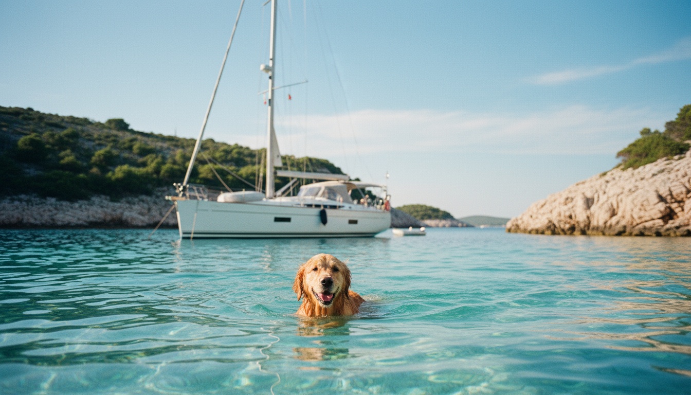 Scenic photo of a dog swimming in crystal clear turquoise Adriatic water near a white sailing yacht anchored in a secluded Croatian bay, rocky coastline in background, sunny day, natural lighting, professional travel photography, high resolution