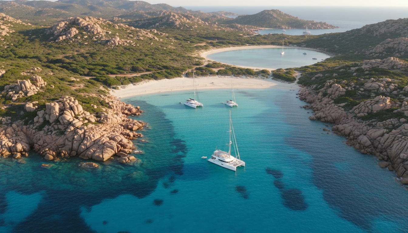 Stunning aerial photograph of Cala Coticcio Tahiti beach in La Maddalena archipelago, turquoise crystal clear water, white sandy beach surrounded by pink granite rocks, several luxury sailboats anchored in bay, Mediterranean vegetation, summer afternoon light, drone photography, ultra high resolution, realistic