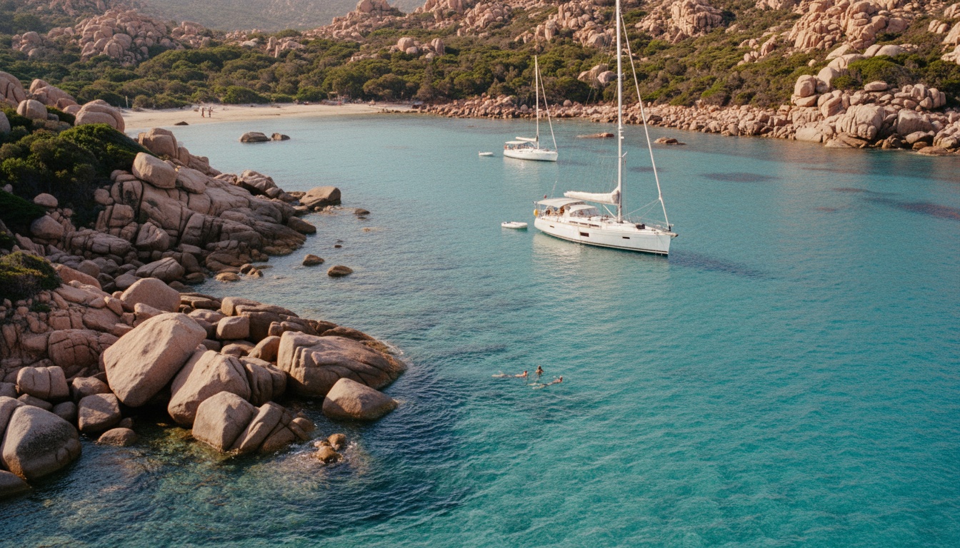 Professional sailing yacht anchored in secluded Mediterranean bay, crystal clear turquoise water, rocky granite coastline with green Mediterranean vegetation, people snorkeling near the boat, golden hour sunlight, shot with professional DSLR camera, high resolution, realistic travel photography