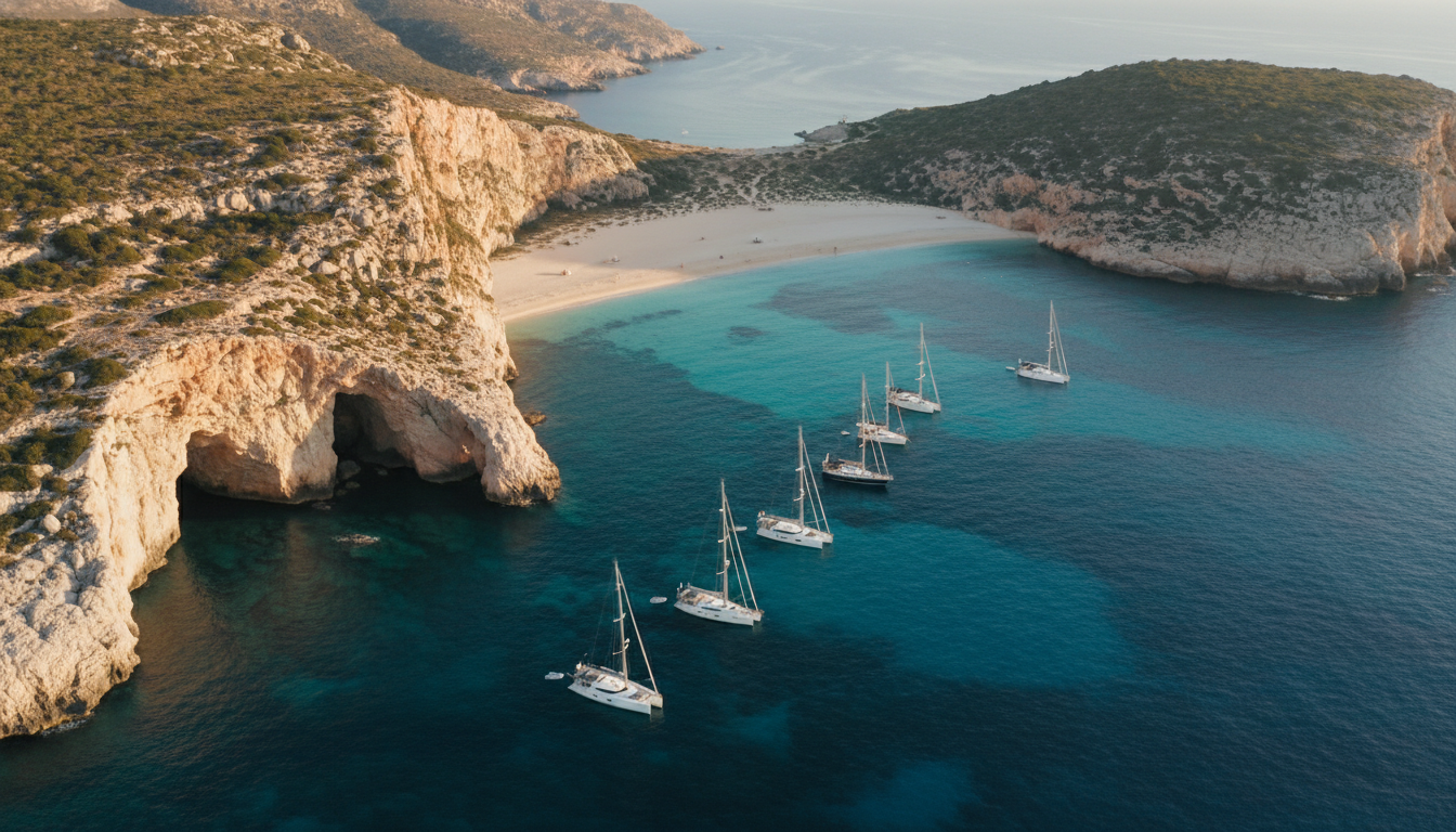Luftaufnahme von Cala Luna: türkisblaues Meer, weiße Sandbucht, Kalkklippen mit Grotten und Luxus-Yachten im Morgenlicht