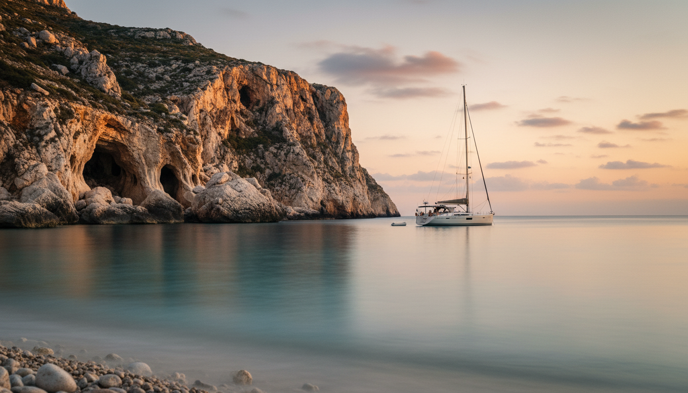 Cala Luna Sonnenuntergang mit dramatischen Kalkklippen, Hoehlen und einer Luxusyacht in tuer kisener Bucht