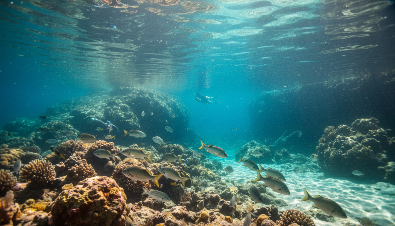 Unterwasseraufnahme in cala luna: kristallklares Türkis, bunte Fische an Kalkfelsen, Schnorchler und Sonnenstrahlen.