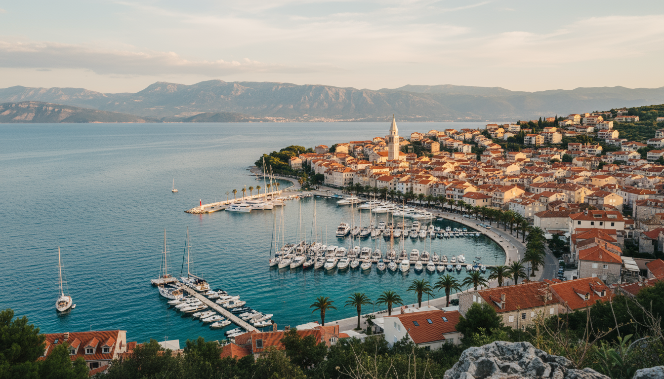 Weitwinkelaufnahme von Chorvátsko Novi Vinodolski mit Marina, roten Dächern, Kirchturm und Bergen in goldenem Abendlicht