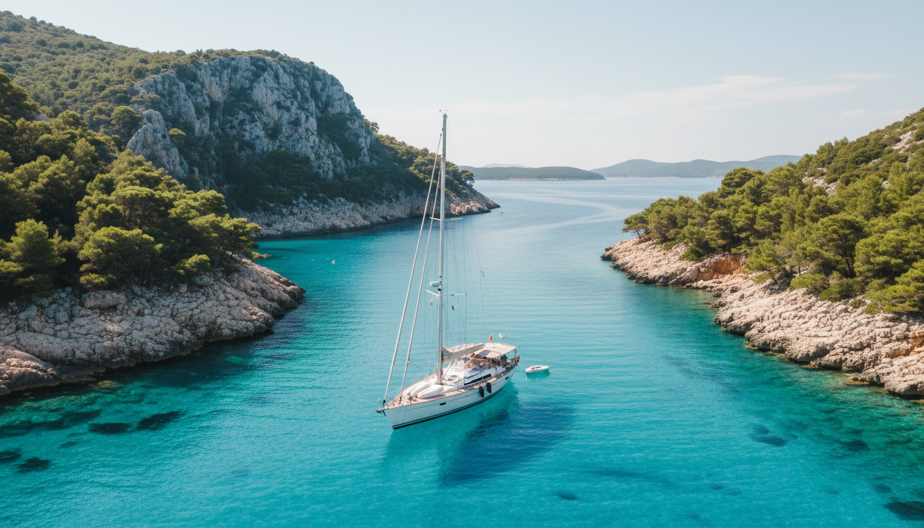 chorvátsko novi vinodolski: Drohnenaufnahme einer Segelyacht in türkisfarbener, geschützter Bucht mit Felsklippen und Pinien.