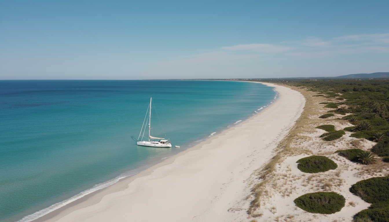 Costa Rei Sardinien: Traumstrand und Luxusyacht Luftaufnahme von Costa Rei, Sardinien: langer weißer Sandstrand, türkisfarbenes Wasser und eine Luxusyacht nahe der Küste