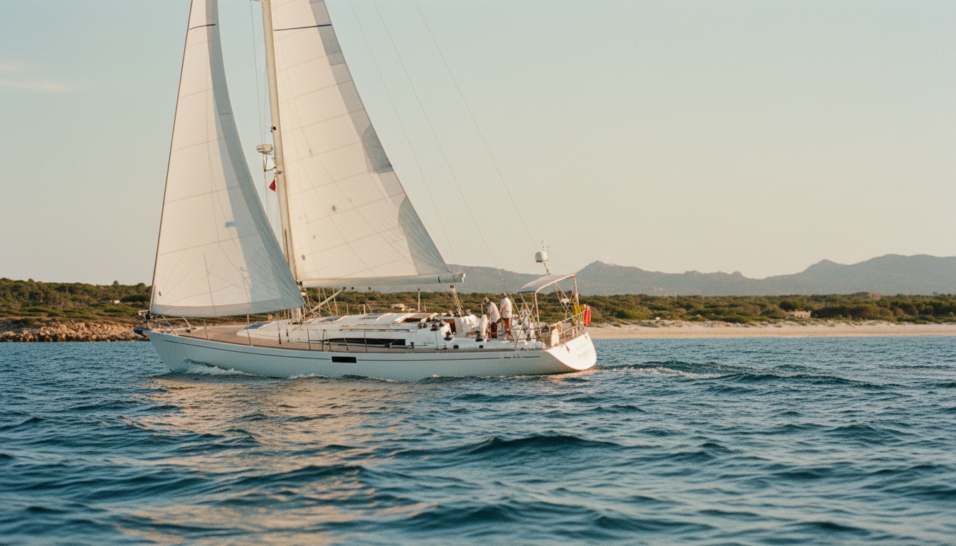Costa Rei: Elegante Yachtsegler bei Sonnenuntergang Elegante Segelyacht mit weißen Segeln nahe Costa Rei, türkises Mittelmeer, Wasserperspektive, goldene Stunde