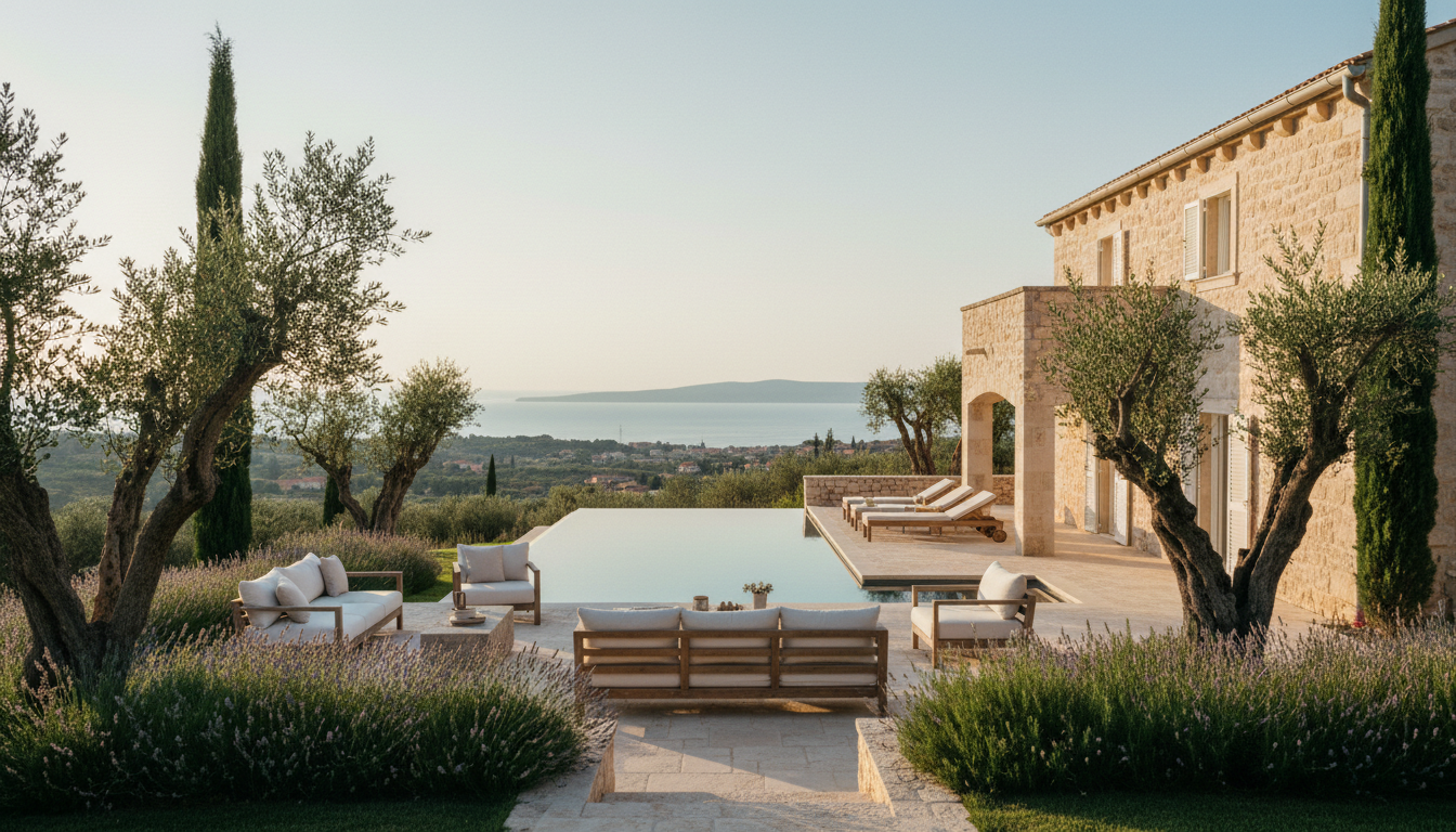 Ferienhaeuser Kroatien mit Pool Istrien. Istrische Steinvilla mit Pool, Terrasse und Meerblick in Olivenhain – ideale ferienhäuser kroatien mit pool bei Abendlicht.