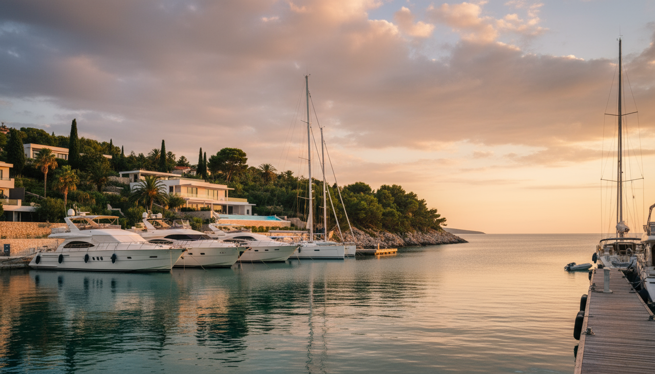 Ferienhäuser Kroatien mit Pool – Luxusvilla & Marina Ferienhäuser Kroatien mit Pool: Luxusvilla am Hang über einer Marina mit Yachten im Sonnenuntergang.