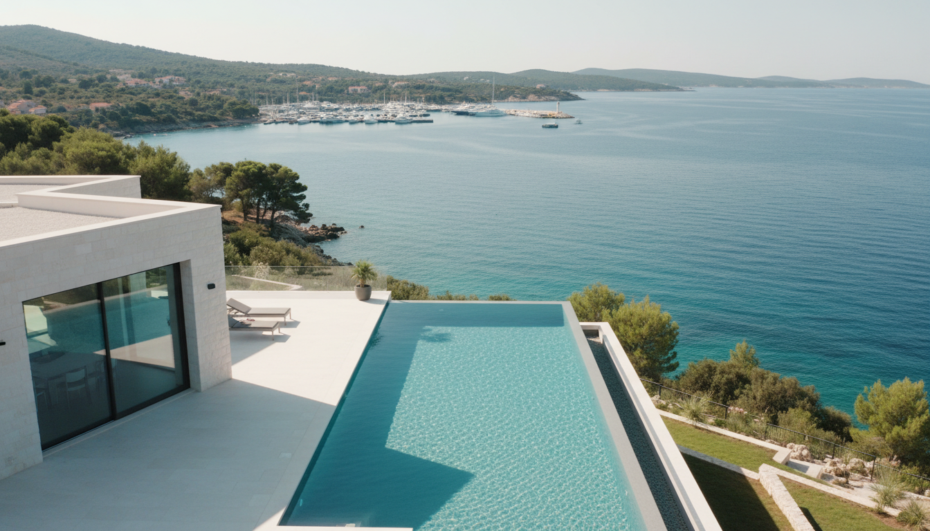Ferienhaeuser Kroatien mit Pool mit Meer Luftaufnahme einer Luxusvilla mit Infinity-Pool an der Adria bei Split – ferienhäuser kroatien mit pool, türkisblaues Wasser.