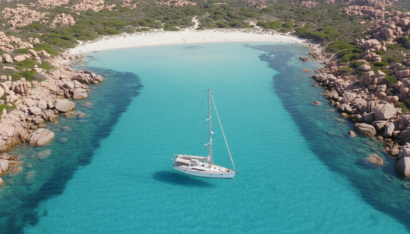 Hotel Sardinien: Drohnenbild Yachtbucht. Luftaufnahme: Luxusyacht in türkisfarbener La Maddalena-Bucht mit rosa Granitfelsen – perfekte Szene für Hotel Sardinien