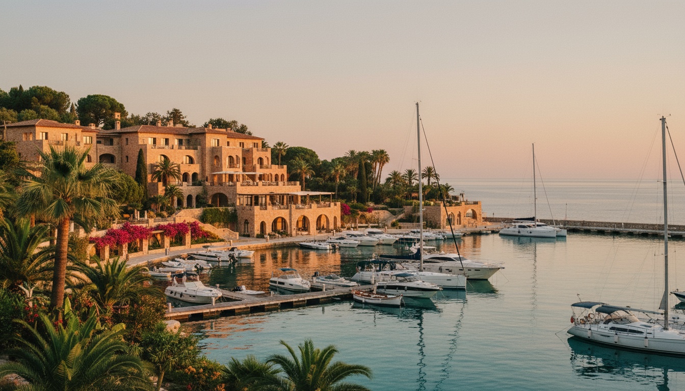 Hotel Sardinien: Luxuriöses Resort mit Jachthafen Hotel Sardinien mit privatem Jachthafen, honigfarbene Architektur und türkisfarbene Bucht bei Sonnenuntergang