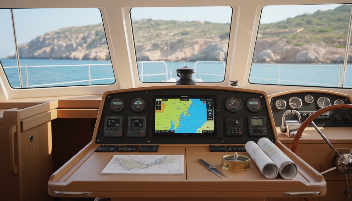 Hotel Sardinien: Yacht-Cockpit mit Navigationsinstrumenten Hotel Sardinien: modernes Yacht-Cockpit mit Kartenstisch, GPS-Display und Meerblick durch Fenster