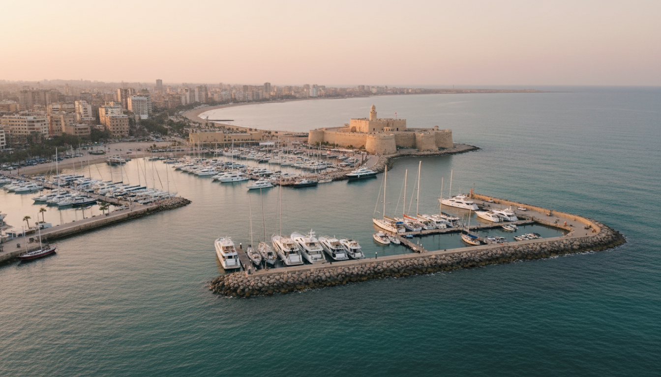 Drohnen-Luftbild: Leuchtturm Alexandria im Eastern Harbour, Yachten und Fort Qaitbay im goldenen Abendlicht.