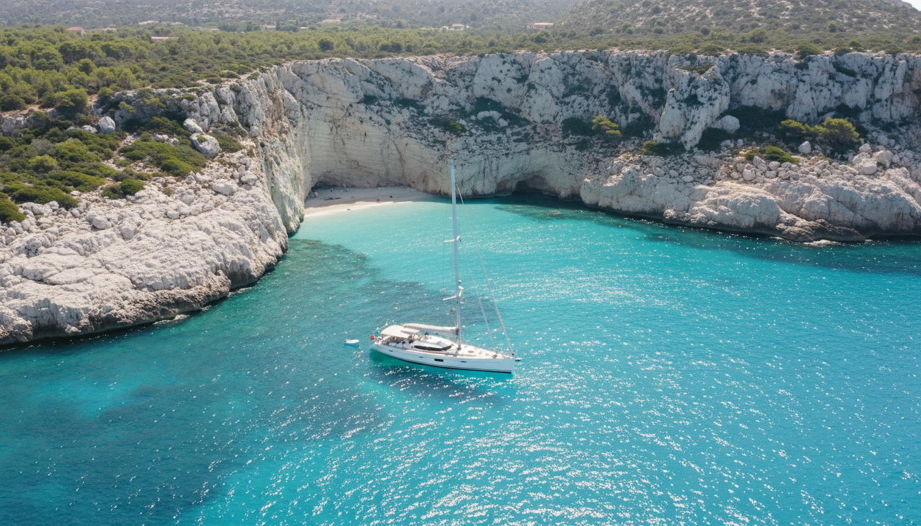 Luxusyacht ankert in tuerkisfarbener Bucht vor dramatischen Kalkklippen im Golf von orosei