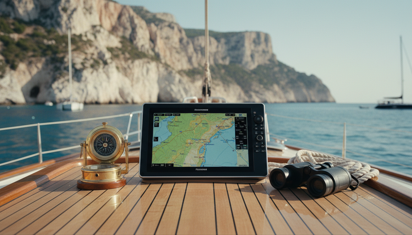 Nautische Karte und GPS-Plotter auf Yachtdeck mit Blick auf die Küste von orosei, Kompass und Fernglas.