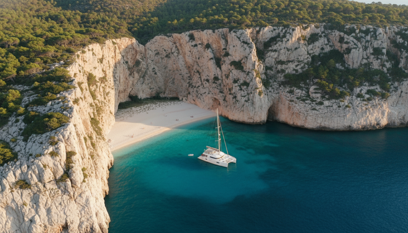 Orosei-Bucht aus der Luft: Kiesstrand, steile Kalkklippen, kristalltürkises Wasser und Katamaran im goldenen Abendlicht