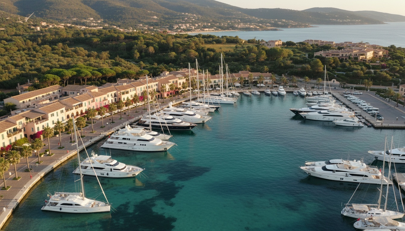 Luftaufnahme der porto rotondo olbia Marina bei Golden Hour, Luxusjachten in türkis Wasser und pastellhäusern