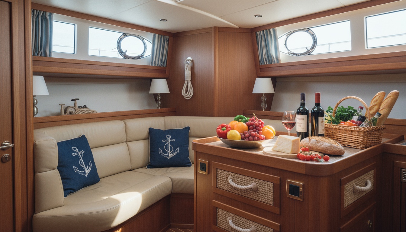 Moderne Yachtkabine in Porto Rotondo Olbia mit hellem Bullaugenlicht, Teakholzfinish, Sitzecke und mediterranem Proviant.