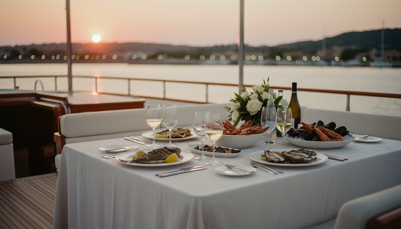 Elegantes Yacht-Dinner bei Sonnenuntergang mit Kristallgläsern, Meeresfrüchten und Porto Rotondo Olbia Hafenlichtern