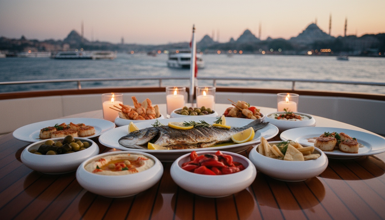 Private Dinner Cruise Istanbul Luxusmenu Frisch gegrillter Wolfsbarsch mit Zitrone auf Yachtdeck, bunte Mezze, Bosporus im Hintergrund – Private Dinner Cruise Istanbul