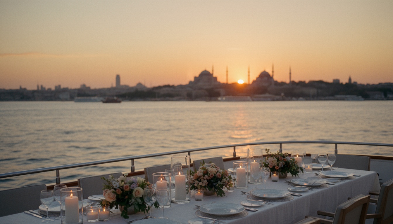 Private Dinner Cruise Istanbul – Luxusabend auf Yacht Private Dinner Cruise Istanbul: Luxusyacht am Bosporus bei Sonnenuntergang, gedeckter Tisch, Kerzen, Skyline mit Hagia Sophia.