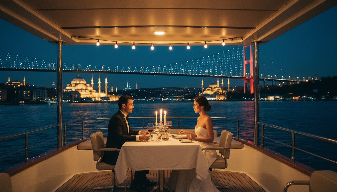Private Dinner Cruise Istanbul - Luxusyacht bei Nacht Privates Candlelight-Dinner auf Luxusyacht unter der Bosporus-Brücke, Paar bei Kerzenlicht - Private Dinner Cruise Istanbul