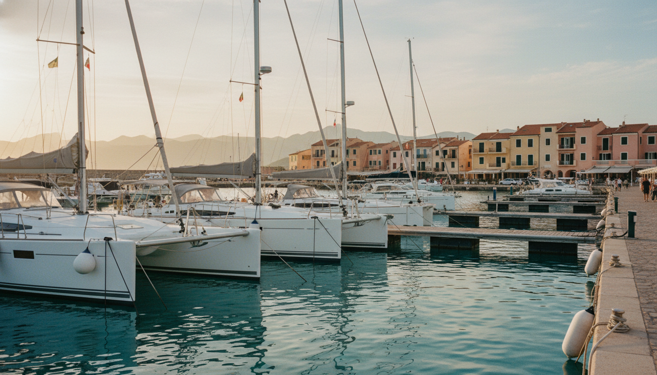 Santa Teresa Gallura Hafen bei goldenem Licht: moderne Segelyachten an Holzstegen, klares türkisfarbenes Wasser