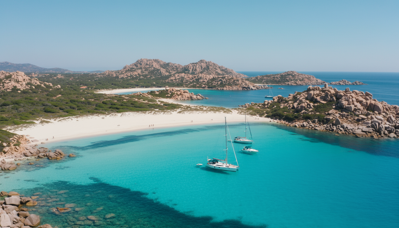 Luftaufnahme von Spiaggia Rena Bianca in Santa Teresa Gallura: türkisfarbenes Wasser, weißer Sand, Granitfelsen und Segelboote.