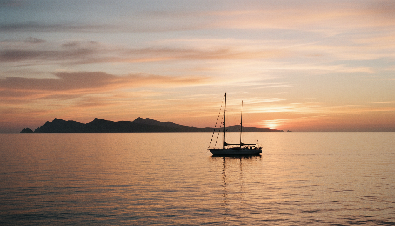 Dramatischer Sonnenuntergang bei Santa Teresa Gallura über dem ruhigen Meer, Segelyacht vor der Silhouette Korsikas.