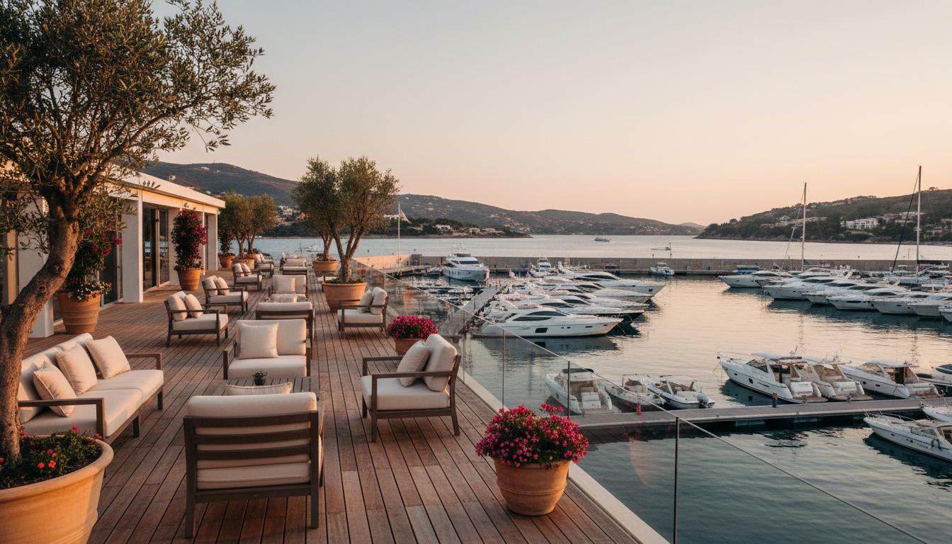 Mediterrane Hotelterrasse bei Sardinien Hotels mit Yachten im Hafen, warmes Abendlicht, elegantes Mobiliar und Reisefoto.