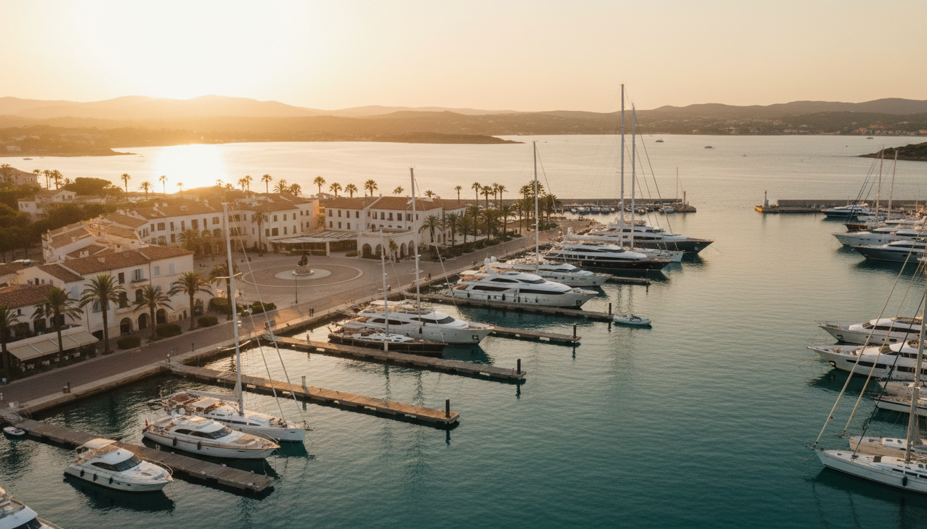 Atemberaubende Drohnenaufnahme der Porto Rotondo Marina bei Sonnenuntergang mit Luxusjachten, ideal für sardinien hotels.