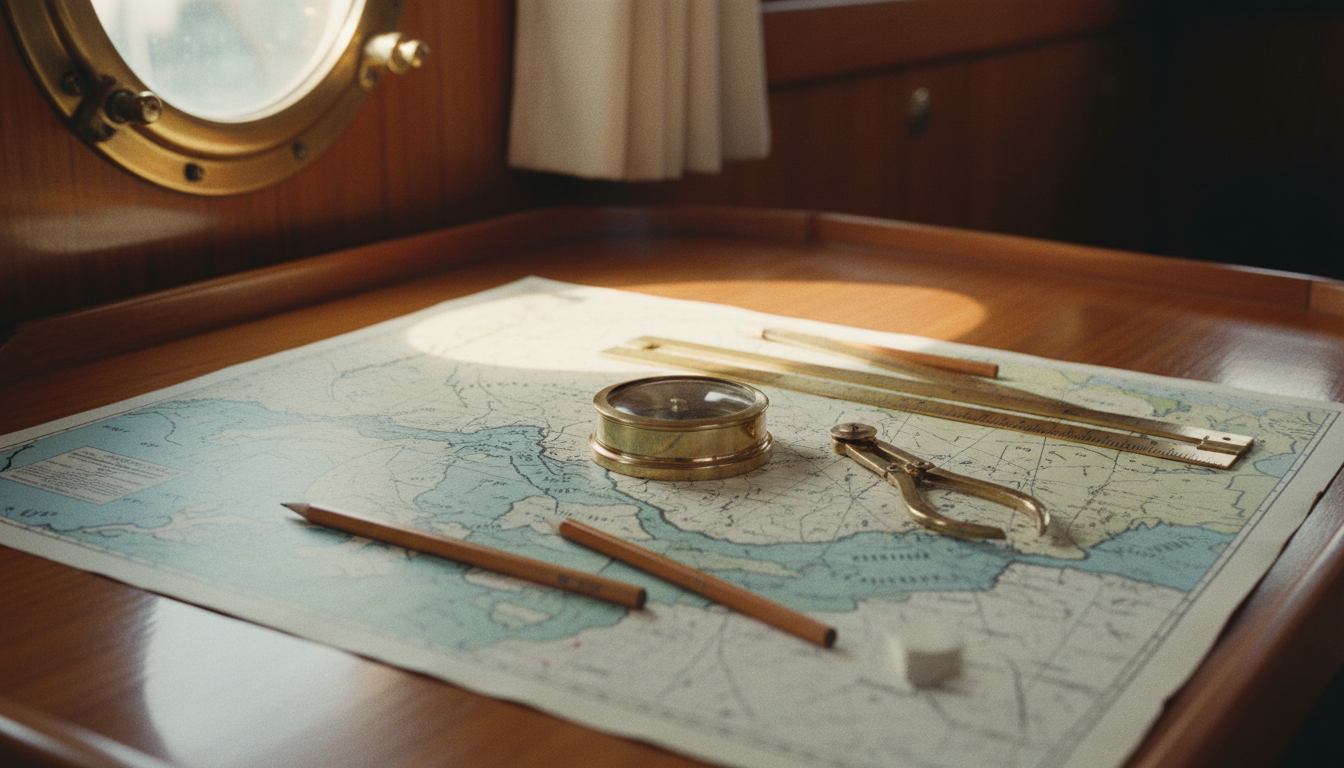 Nahaufnahme einer Seekarte mit Kompass, Zirkel und Parallelruder auf dem Yachttisch zur sbf see Navigation