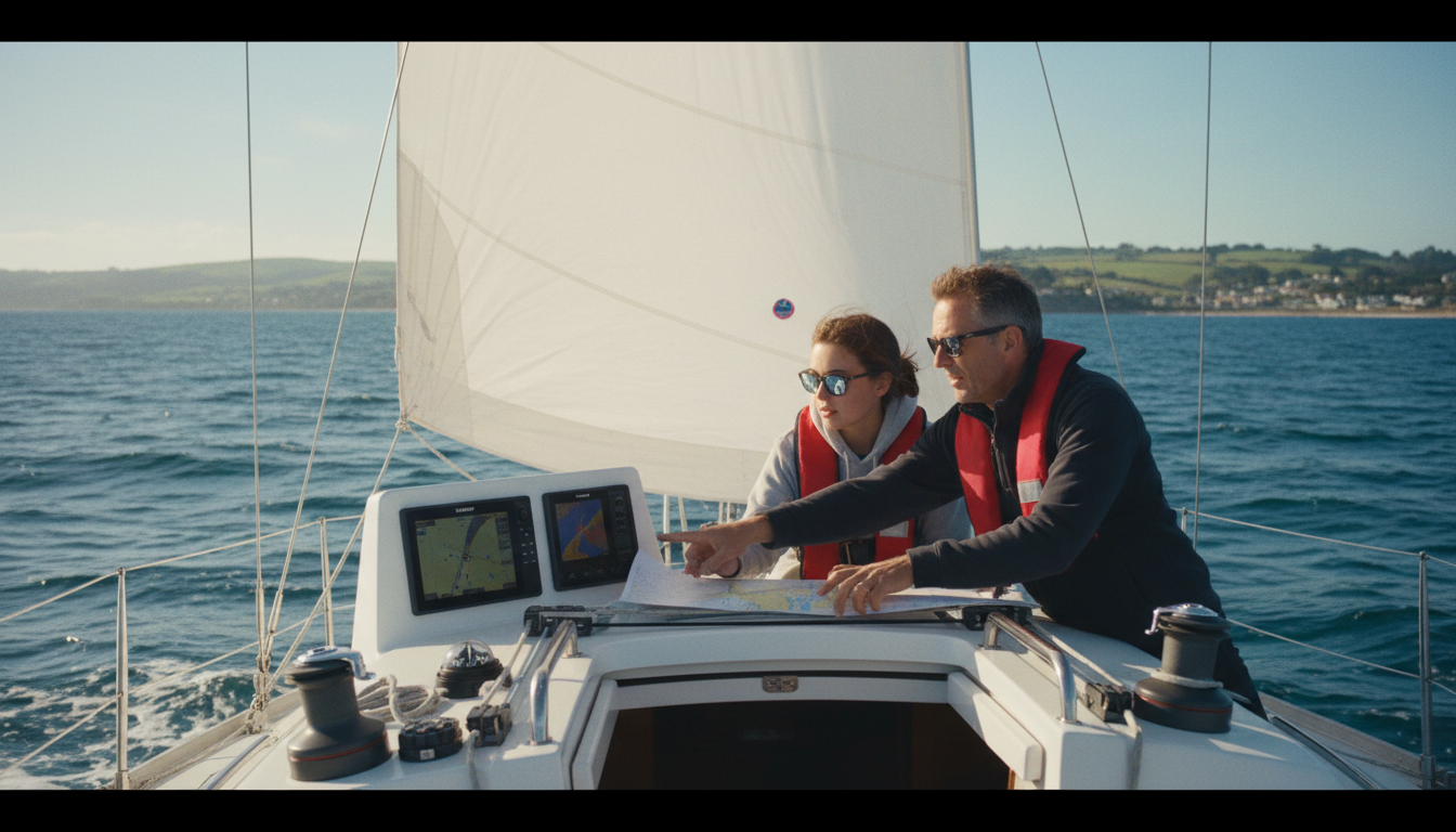 SBF See Segeltraining mit Instructor und Schüler am Ruder einer modernen Yacht, Navigation sichtbar
