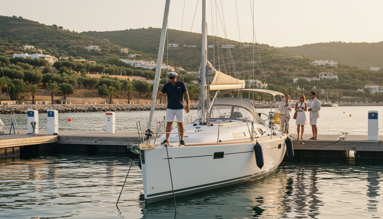Kapitän mit sbf see prüft elegante Segelyacht am Holzsteg, Chartergäste und mediterrane Küste im goldenen Licht