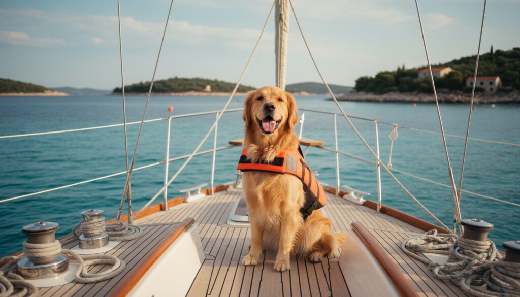 A professional high-resolution photo showing a happy golden retriever or labrador dog sitting on the deck of a luxury yacht in Croatia, crystal clear Adriatic sea with Croatian islands in background, wooden teak deck, sailing ropes and nautical details visible, dog wearing a life vest, Mediterranean coastal landscape, sunny day with soft clouds, shot in landscape format 16:9, Fujifilm X-T6 camera aesthetic, Kodak Portra 400 film style, warm analog film tones, subtle grain texture, creamy bokeh, natural color palette, muted pastels, soft contrast, authentic film photography look, clean composition with negative space, horizontal composition, premium travel editorial style, inviting and safe atmosphere