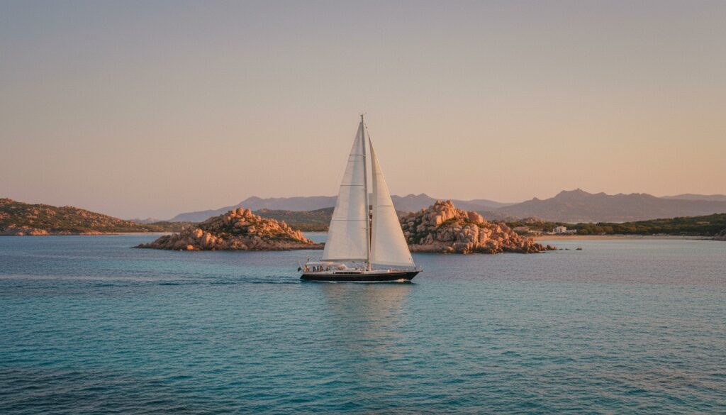 A professional high-resolution photo showing a luxury sailing yacht cruising through the crystal-clear turquoise waters of La Maddalena archipelago in Sardinia, pink granite rock formations and small islands in the background, Mediterranean coastline with hidden coves and pristine beaches, golden hour warm sunlight, gentle waves, yacht with white sails against azure sea, shallow depth of field focusing on the yacht, shot with Fujifilm X-T6 camera, Kodak Portra 400 film aesthetic, warm analog film tones with subtle grain texture, creamy bokeh, natural color palette with muted pastels, soft contrast, authentic film photography look, clean composition with negative space in sky, landscape format 16:9 aspect ratio, horizontal composition, premium travel editorial style, inviting Mediterranean atmosphere
