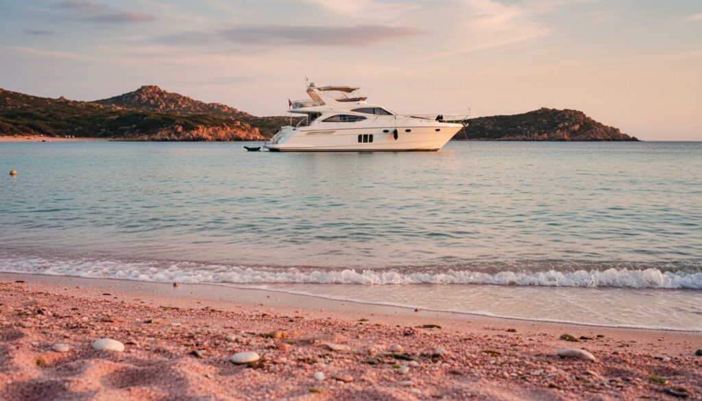 Luxusyacht vor sardinien rosa strand der Spiaggia Rosa auf Budelli, türkisblaues Wasser, rosa Sand im warmen Abendlicht