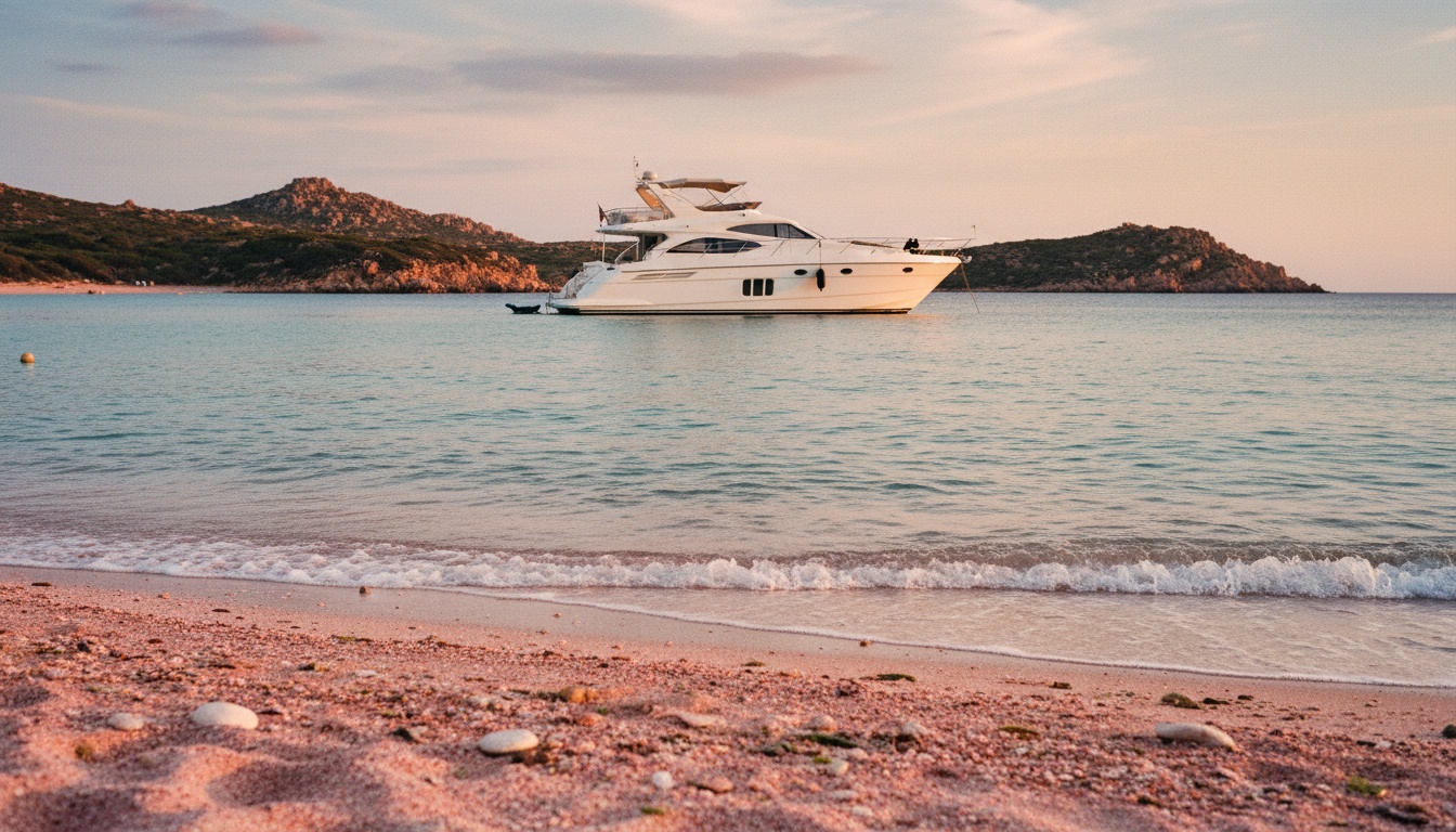 Luxusyacht vor sardinien rosa strand der Spiaggia Rosa auf Budelli, türkisblaues Wasser, rosa Sand im warmen Abendlicht