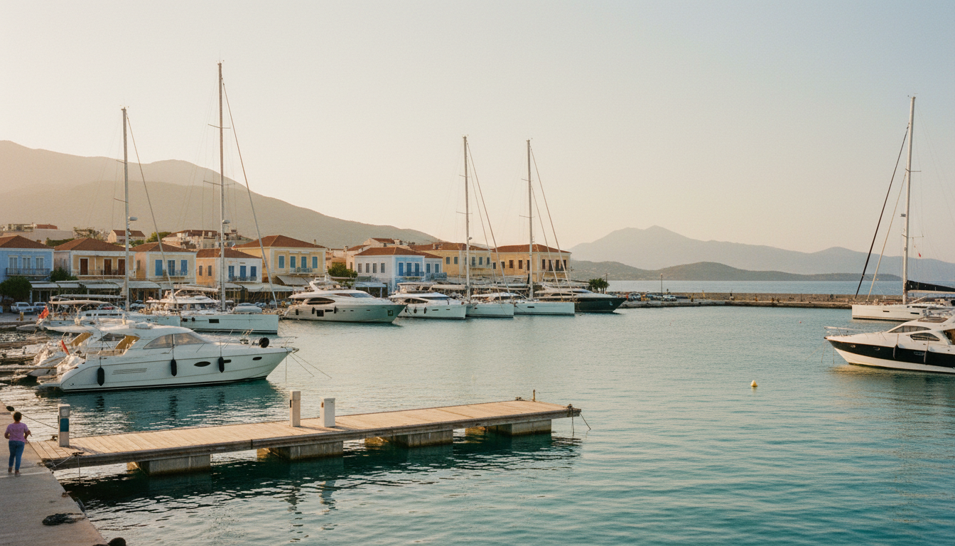Elegante Yachten in Argostolion Marina bei goldenem Licht, türkises Ionisches Meer, traditionelle Häuser im Hintergrund.