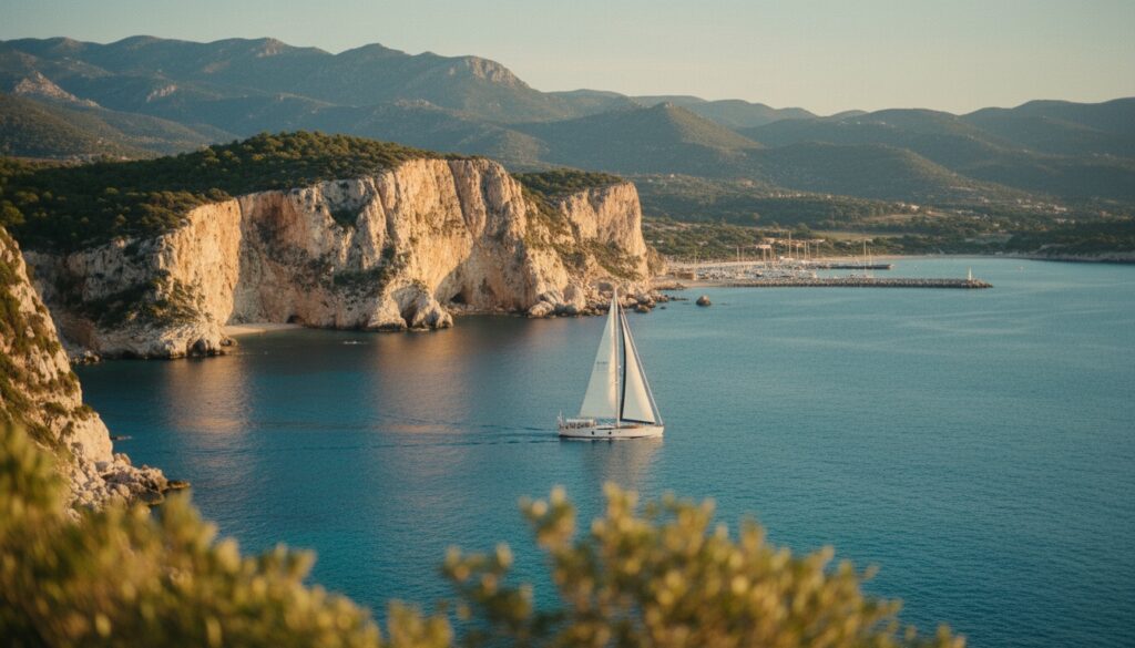 Luxusyacht segelt vor Kalkklippen von cala gonone; türkisfarbenes Wasser, Marina und Berge im warmen Abendlicht.