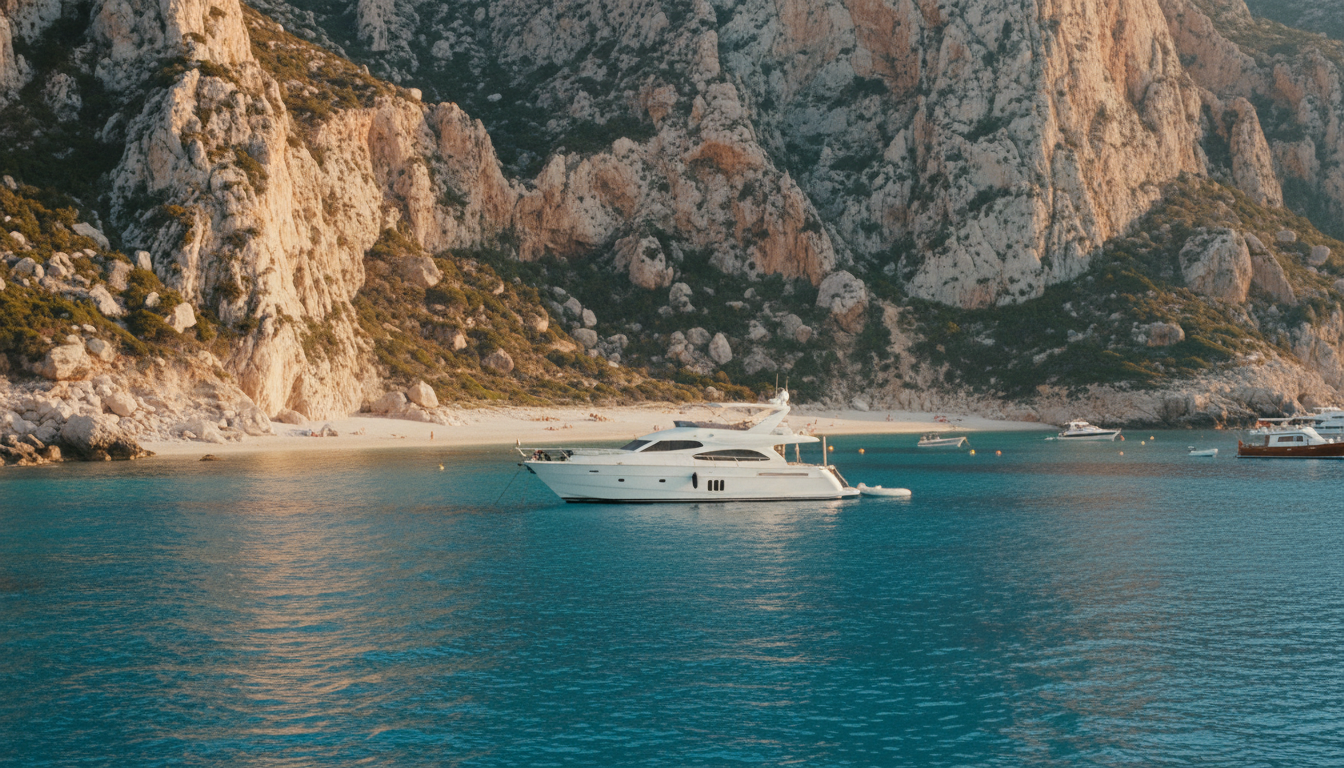 Weiße Luxusyacht ankert in der türkisfarbenen Cala Luna Bucht Sardinien bei Goldener Stunde