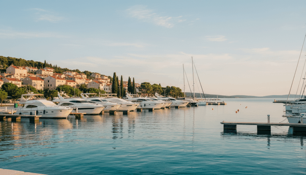 Marina von chorvátsko novi vinodolski mit weißen Yachten, türkisblauem Meer, terrakotta Dächern und warmem Abendlicht