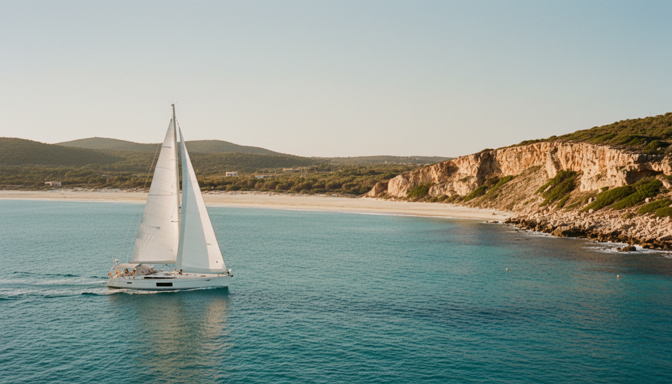Luxusyacht segelt entlang der Costa Rei in Sardinien, türkisblaues Wasser, weiße Strände und dramatische Klippen