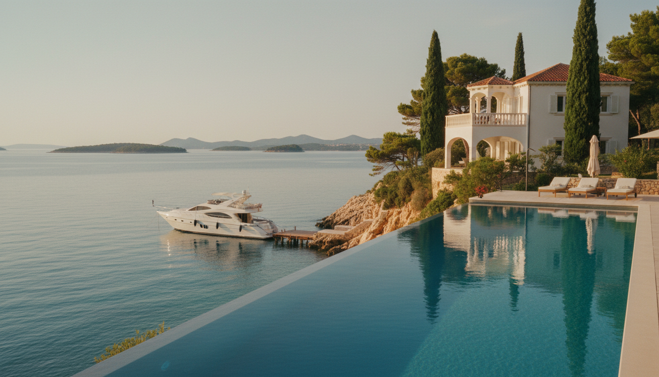 Luxuriöse Villa an der Adria mit Infinity-Pool, Privatsteg und türkisblauem Meerblick – ideale ferienhäuser kroatien mit pool.