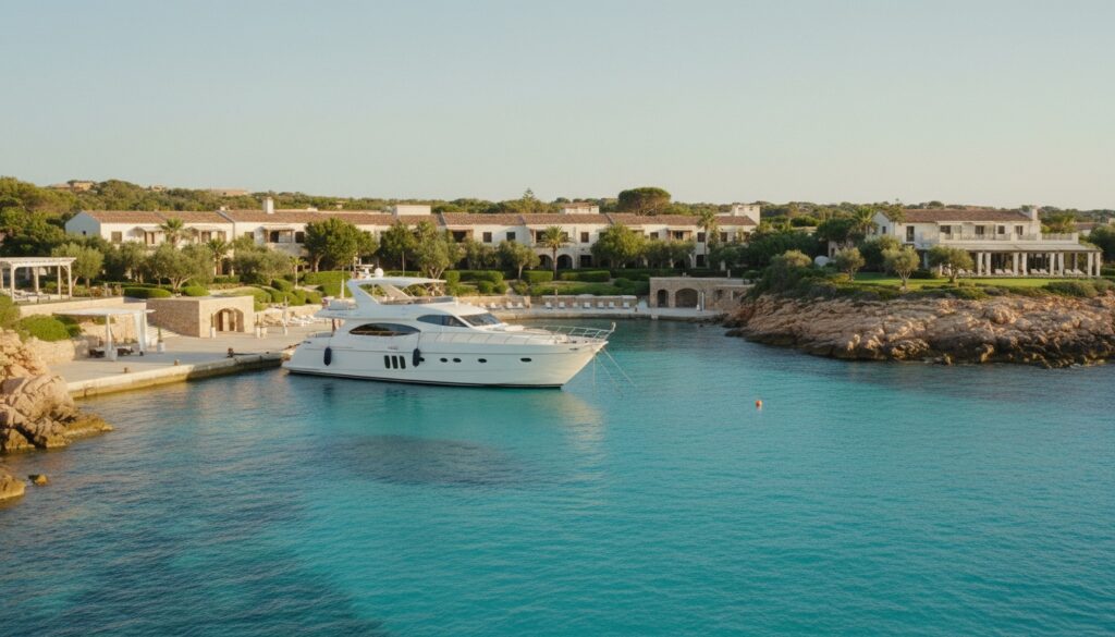 Hotel Sardinien: Luxusresort mit privater Marina, weiße Yacht in türkisfarbenem Wasser bei goldener Stunde.